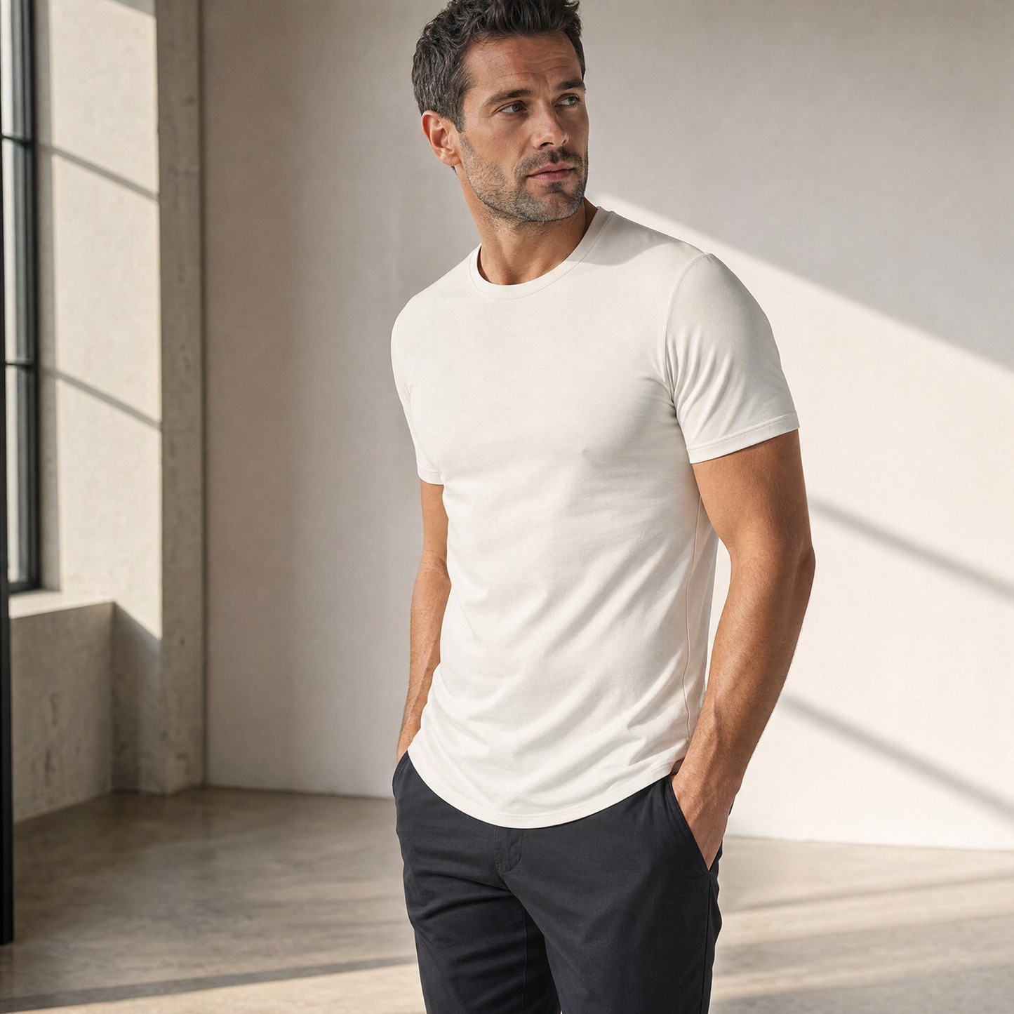 The Manifesto — slim fit drop-cut na sylwetce, biała