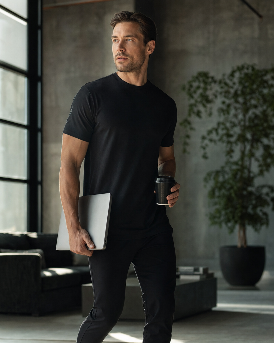 STRIDE vibe — BYLT-style coffee+laptop loft, black tee