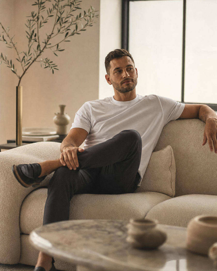 STRIDE vibe — BYLT-style bouclé sofa, white tee